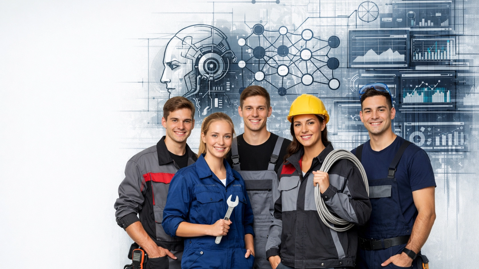 Das Bild zeigt eine Gruppe von sechs Personen in Arbeitskleidung, die in einer Reihe vor einer wandfüllenden technischen Illustration stehen. Die Kleidung umfasst verschiedene Overalls und Arbeitsjacken in Blau, Grau, Schwarz und Rot; eine Person trägt zudem einen gelben Schutzhelm, eine andere hält ein Bündel Kabel, eine weitere einen großen Schraubenschlüssel. Die Personen stehen frontal zur Kamera, leicht gestaffelt, und wirken als gemeinsames Team. Ihre Kleidung weist auf unterschiedliche Tätigkeitsbereiche innerhalb eines technischen oder handwerklichen Umfelds hin, ohne dass konkrete Rollen eindeutig erkennbar sind.<br/><br/><br/>Der Hintergrund besteht aus einer grafischen Montage mit einem stilisierten humanoiden KI‑Kopfprofil, abstrahierten Netzwerkstrukturen, Verbindungslinien und technischen Diagrammen. Ergänzt wird dies durch Datenvisualisierungen wie Balken‑ und Liniendiagrammen, die einen Bezug zu Digitalisierung, Automatisierung und technologischer Entwicklung herstellen. Die Darstellung ist in kühlen Blau‑ und Grautönen gehalten und vermittelt einen futuristischen, technikorientierten Eindruck. Die Beleuchtung im Vordergrund ist gleichmäßig und neutral, wodurch die Personen klar erkennbar sind, während der Hintergrund bewusst illustrativ und flächig gestaltet bleibt.<br/>Optional interpretiert könnte das Bild ein Team symbolisieren, das im Kontext moderner Industrie, technischer Innovation oder digital unterstützter Arbeitsprozesse zusammenarbeitet. Die Kombination aus realen Personen und grafischen Elementen deutet auf Schnittstellen zwischen menschlicher Arbeit und technologischen Systemen hin.