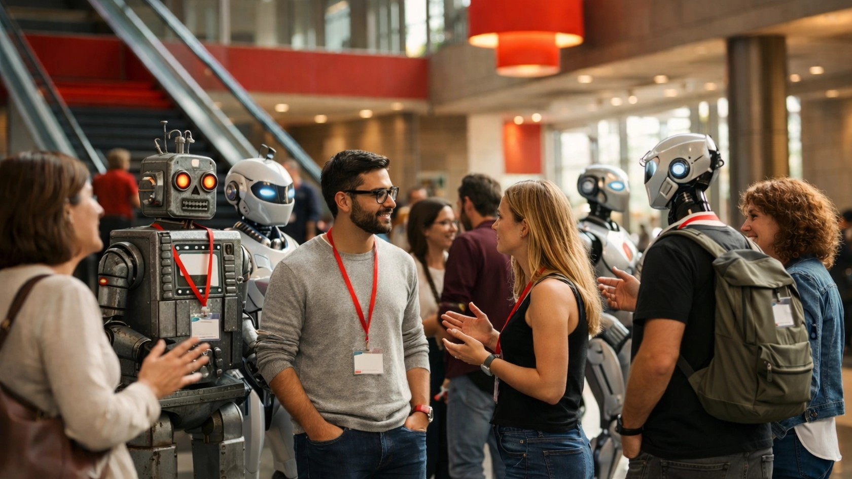 Das Bild zeigt eine Gruppe von Menschen und mehreren humanoiden Robotern, die in einer offenen Innenraumumgebung miteinander interagieren. Die Szene wirkt wie ein Technik- oder Innovations­event, erkennbar an Namensschildern und Messebändern, die die Personen tragen. Im Vordergrund stehen zwei Menschen in lebhafter Unterhaltung mit zwei unterschiedlich gestalteten Robotern; einer besitzt ein kantiges Metallgehäuse mit leuchtenden Augen, ein anderer hat ein glattes, futuristisches Design mit weiß-blauen Oberflächen. Weitere Personen und Roboter sind im Hintergrund sichtbar, teilweise in kleineren Gesprächssituationen. Die Architektur der Halle ist modern mit großen Fensterflächen, Betonwänden, roten Deckenelementen und Rolltreppen. Die Beleuchtung ist hell und gleichmäßig, wodurch Details der Robotik und Kleidung gut erkennbar sind. Die Perspektive befindet sich auf Augenhöhe, was den Eindruck eines alltäglichen, offenen Austauschs verstärkt. Die Komposition ist ausgewogen, mit einem Schwerpunkt auf den Interaktionen zwischen Mensch und Maschine. Optional ließe sich interpretieren, dass die Szene einen Austausch über Zukunftstechnologien oder Robotikanwendungen darstellen könnte.